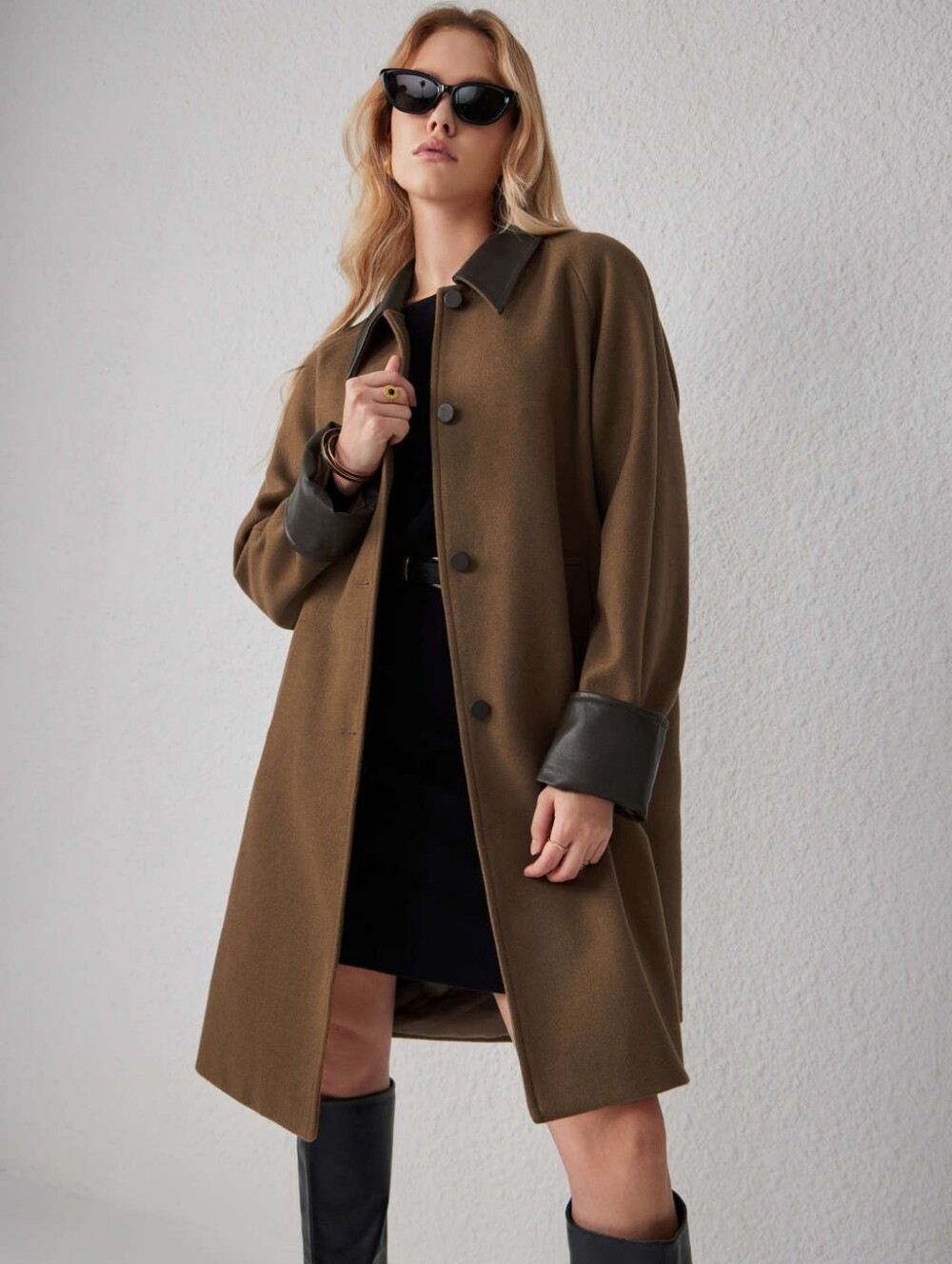 CiderFaux Leather Contrasting Collar Long Barn Jacket
